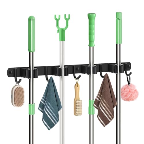 Sampoes Besenhalterung Wand, Besenhalter Edelstahl, Gerätehalter Wandhalterung mit 4 Halter und 5 Haken, Besen Aufhängung Gartengerätehalter, Besen Mop Halter für Zuhause, Garten, Küche, Garage Sampoes Besenhalterung Wand, Besenhalter Edelstahl, Gerätehalter Wandhalterung mit 4 Halter und 5 Haken, Besen Aufhängung Gartengerätehalter, Besen Mop Halter für Zuhause, Garten, Küche, Garage von Sampoes