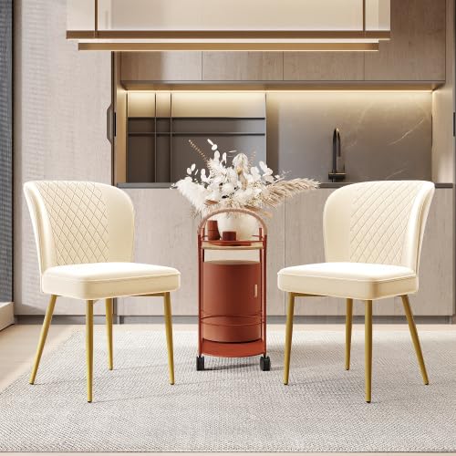 Sampoes Esszimmerstuhl 2er Set, Küchenstuhl Gepolstert mit Rückenlehne, Esszimmerstühle, Sitzfläche aus Samt, Metallbeine, für Küche, Esszimmer, Wohnzimmer, 47x43x86cm, Beige von Sampoes