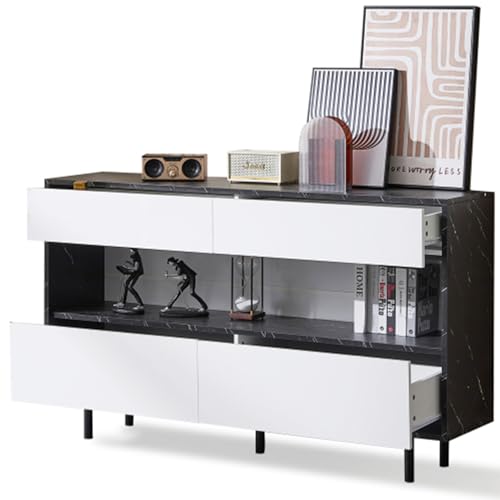 Sampoes Sideboard, Hochglänzende Schwarzem Marmor-Design mit 4 Schubladen, Offenem Stauraum und LED-Beleuchtung, Kommode, Stabiler Metallrahmen und Kippschutz, 150 x 35 x 89,5cm Sampoes Sideboard, Hochglänzende Schwarzem Marmor-Design mit 4 Schubladen, Offenem Stauraum und LED-Beleuchtung, Kommode, Stabiler Metallrahmen und Kippschutz, 150 x 35 x 89,5cm von Sampoes