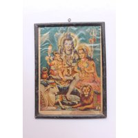 Alte Lithographie Druck Von Shiva Familie || Vintage Wand Dekorative Mit Alten Rahmen Und Glas Hinduismus Dekor von Samsartexport