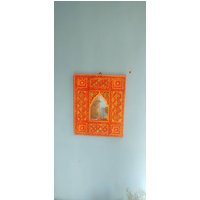 Holz Handgeschnitzter Bemalter Spiegel, Rot Wand Dekor Bogenspiegel, Wanddeko Wanddekoration Objekt, Wandkunst von Samsartexport
