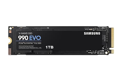 Samsung 990 EVO NVMe M.2 SSD 1 TB, PCIe 4.0 x4 / PCIe 5.0 x2, NVMe 2.0 (2280), 5.000 MB/s Lesen, 3.200 MB/s Schreiben, Interne SSD für Gaming und Grafikbearbeitung, MZ-V9E1T0BW von Samsung