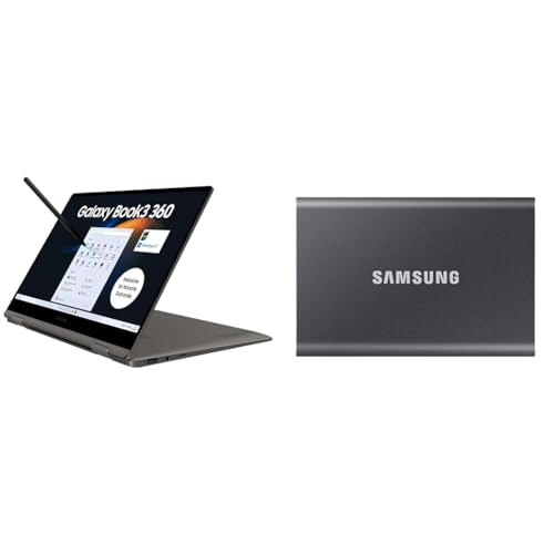 Samsung Galaxy Book3 360 Laptop & Portable SSD T7, 1 TB, USB 3.2 Gen.2, 1.050 MB/s Lesen, 1.000 MB/s Schreiben, Externe SSD Festplatte für Mac, PC, Smartphone und Spielkonsole, Grau, MU-PC1T0T/WW von Samsung