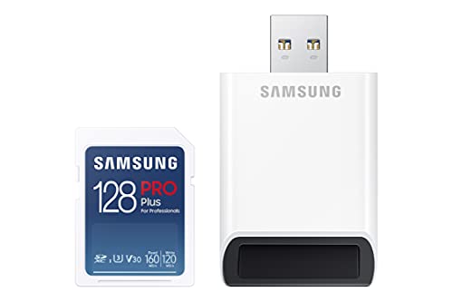 Samsung PRO Plus SD-Karte, 128 GB, UHS-I U3, Full HD & 4K UHD, 160 MB/s Lesen, 120 MB/s Schreiben, Speicherkarte für Spiegelreflexkameras und Systemkameras, Inkl. USB-Kartenleser, MB-SD128KB/WW von Samsung