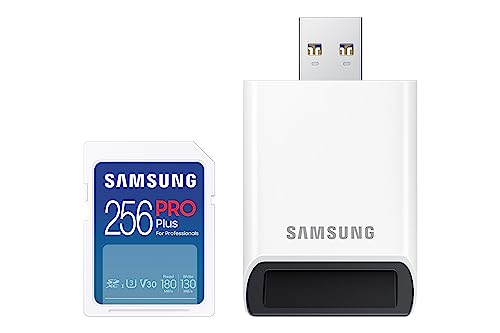 Samsung PRO Plus SD-Karte, 256 GB, UHS-I U3, Full HD & 4K UHD, 180 MB/s Lesen, 130 MB/s Schreiben, Speicherkarte für Kameras und Drohnen, Inkl. USB-Kartenleser, MB-SD256SB/WW von Samsung
