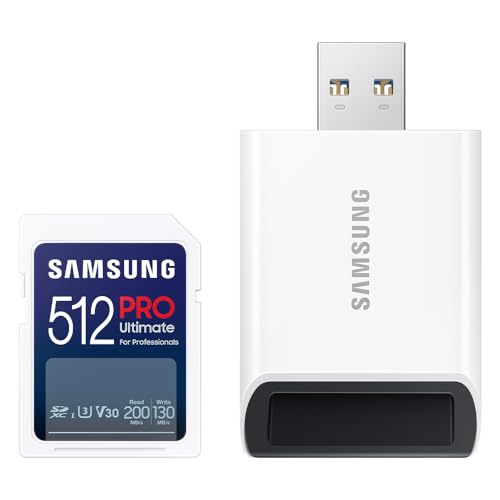 Samsung PRO Ultimate SD-Karte, 512 GB, UHS-I U3, Full HD & 4K UHD, 200 MB/s Lesen, 130 MB/s Schreiben, Speicherkarte für Kamera, PC, Drohne oder Action-Cam, Inkl. USB-Kartenleser, MB-SY512SB/WW von Samsung