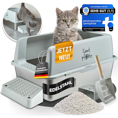 Samtpfote® Offenes Katzenklo aus Edelstahl - XXL Katzentoilette mit Spritzschutz - Fronteinstieg -Auslaufsicher - Antibakteriell - Hygienisch - Leichte Reinigung - 60 x 40 x 30 cm Cat Litter Box von Samtpfote
