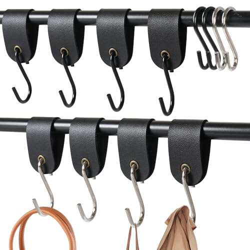 Samulee 8 Stück S Haken mit Lederschlaufe und 4 Stück S Haken 6cm, Haken zum Einhängen Maximale Traglast 15 kg, Metall Haken für Kleiderstange, Küche, Schlafzimmer, Wohnzimmer(12.5 x 3 cm, Schwarz) von Samulee