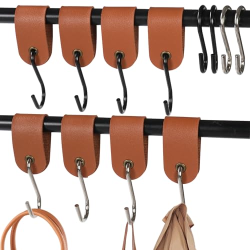Samulee 8 Stück S Haken mit Lederschlaufe und 4 Stück S Haken 6cm, Haken zum Einhängen Maximale Traglast 15 kg, Metall Haken für Kleiderstange, Küche, Schlafzimmer, Wohnzimmer(12.5 x 3 cm, Braun) von Samulee