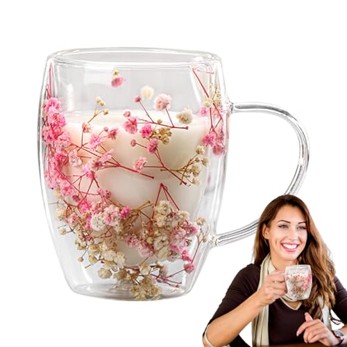 Doppelwandige Glasbecher mit getrockneten Blumen, doppelwandiges Glas – Trockenblumen-Becher, neuartige doppelwandige Glasbecher, klare getrocknete Blumen, zweilagige Glasbecher, getrocknete Blumen, von Samuliy