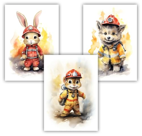 Samunshi® 3x Kinstdruck Poster Feuerwehr Tiere Set Wolf Eichhörnchen Hase Bilder Jugendzimmer Kinderzimmer Deko Junge Mädchen DIN A3 29,7x42cm von Samunshi