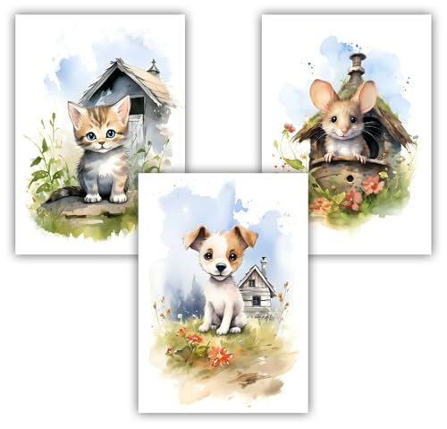 Samunshi® 3x Kunstdruck Bauernhof Tiere Set Maus Hund Katze Kunstdruck Bilder Deko Jugendzimmer Kinderzimmer Kinder Junge Mädchen Geburtstag DIN A4 21x29,7cm von Samunshi