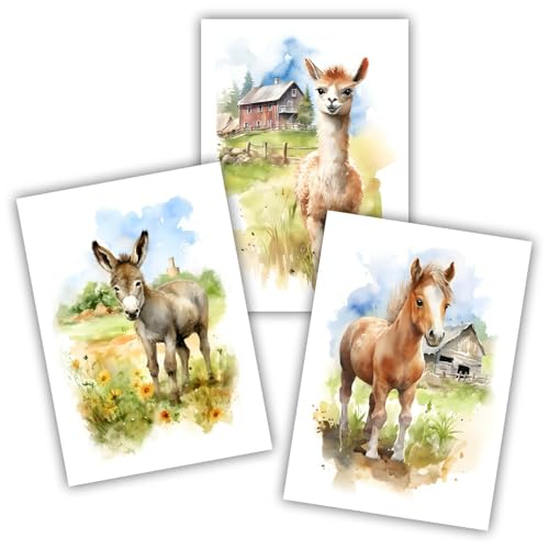 Samunshi® 3x Kunstdruck Bauernhof Tiere Set Pferd Alpaka Poster Kunstdruck Bilder Deko Jugendzimmer Kinderzimmer Geburtstag DIN A4 21x29,7cm von Samunshi