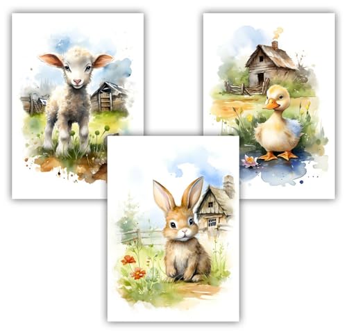 Samunshi® 3x Kunstdruck Bauernhof Tiere Set Schaf Ente Hase Kunstdruck Bilder Poster Deko Jugendzimmer Kinderzimmer Kinder DIN A3 29,7x42cm von Samunshi