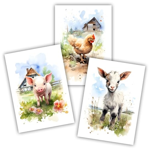 Samunshi® 3x Kunstdruck Bauernhof Tiere Set Schwein Huhn Ziege Poster Bilder Deko Jugendzimmer Kinderzimmer Kinder Junge Geburtstag DIN A4 21x29,7cm von Samunshi