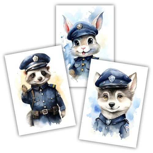 Samunshi® 3x Kunstdruck Poster Polizei Tiere Set Dachs Hase Wolf Bilder Deko Jugendzimmer Kinderzimmer Kinder Baby Junge MädchenDIN A3 29,7x42cm von Samunshi