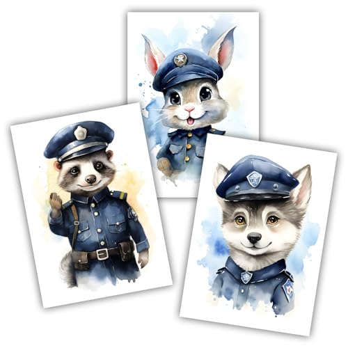 Samunshi® 3x Kunstdruck Poster Polizei Tiere Set Dachs Hase Wolf Bilder Deko Jugendzimmer Kinderzimmer Kinder Baby Junge MädchenDIN A4 21x29,7cm von Samunshi