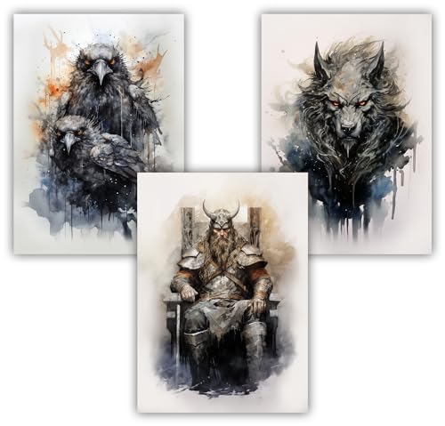 Samunshi® 3x Kunstdruck Poster Wikinger Set Odin Raben Wolf für Jugendzimmer Man Cave Vikings Norse Art Hugin und Munin Fenrir DIN A3 29,7x42cm von Samunshi