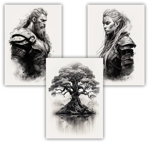 Samunshi® 3x Kunstdruck Poster Wikinger Set Yggdrasil Schildmaid Bilder für Jugendzimmer Man Cave Deko Vikings Norse Art Geschenk DIN A3 29,7x42cm von Samunshi