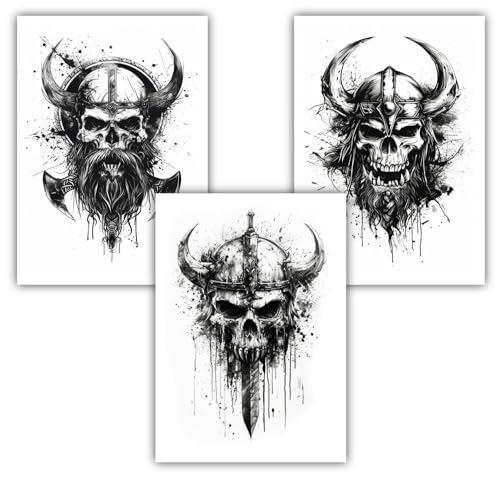 Samunshi® 3x Kunstdruck Totenkopf Poster Set mit Wikinger Vikings Odin Loki Motiven Bilder für Jugendzimmer Deko Geschenk DIN A4 21x29,7cm von Samunshi