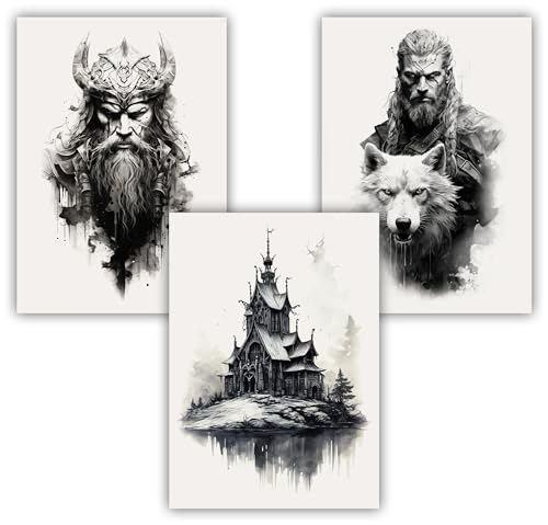 Samunshi® 3x Kunstdruck Wikinger Setmit Odin Stabkirche Wikinger Wolf Bilder für Jugendzimmer Deko Vikings Art Fenrir Geschenk DIN A3 29,7x42cm von Samunshi