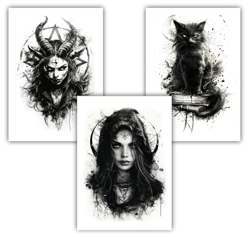 Samunshi® 3x Poster Hexen Kunstdruck Set mit Dämonen Ritual Katze Motiven Bilder für Jugendzimmer Deko Geschenk DIN A4 21x29,7cm von Samunshi