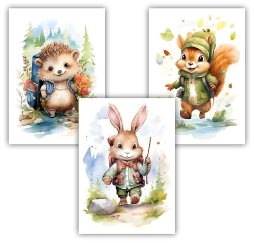 Samunshi® 3x Poster Kunstdruck Abenteurer Tiere Set Hase Igel Eichhörnchen Bilder Jugendzimmer Kinderzimmer Kinder Junge Mädchen DIN A3 29,7x42cm von Samunshi