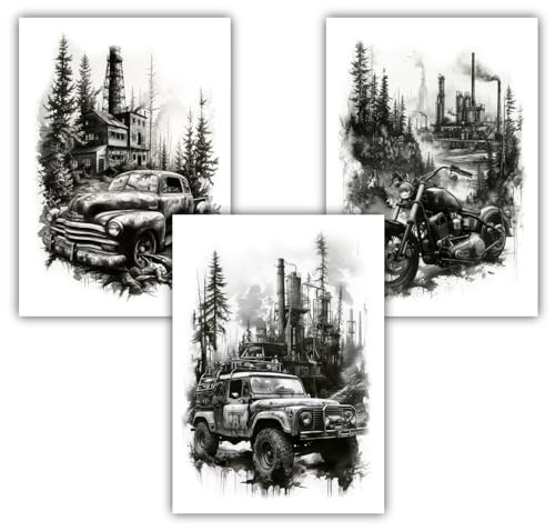 Samunshi® 3x Poster Set mit Lost Places und Autos Motorrad Bilder für Jugendzimmer Deko Geschenk Dekoration DIN A3 29,7x42cm von Samunshi