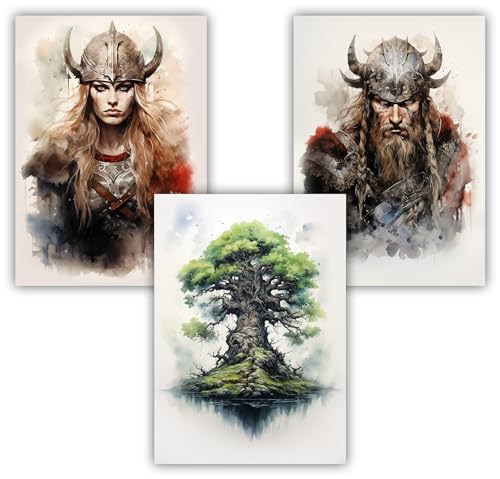 Samunshi® 3x Poster Wikinger Kunstdruck Set Schildmaid Yggdrasil Schildmaid Yggdrasil Bilder für Jugendzimmer Man Cave Deko Vikings DIN A3 29,7x42cm von Samunshi