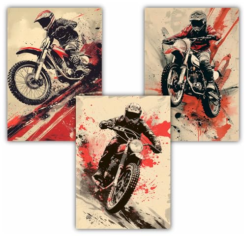 Samunshi® 3x Vintage Poster Motocross MotoX Racer Kunstdruck Set mit Vintage Illustrationen Bilder für Jugendzimmer Deko Plakat Geschenk DIN A3 29,7x42cm von Samunshi