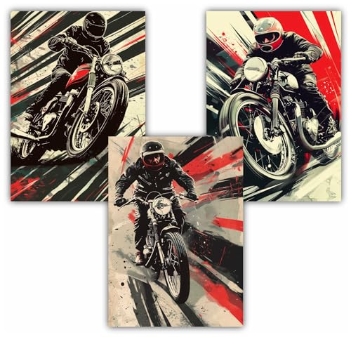 Samunshi® 3x Vintage Poster Motorrad Racer Kunstdruck Set mit Vintage Illustrationen Bilder für Jugendzimmer Deko Plakat Geschenk DIN A3 29,7x42cm von Samunshi