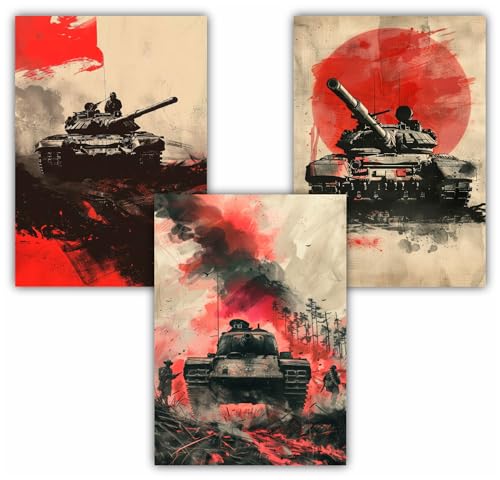 Samunshi® 3x Vintage Poster Panzer Artillerie Militär Army Tank Kunstdruck Set mit Vintage Illustrationen Bilder für Jugendzimmer Deko Plakat Geschenk DIN A3 29,7x42cm von Samunshi