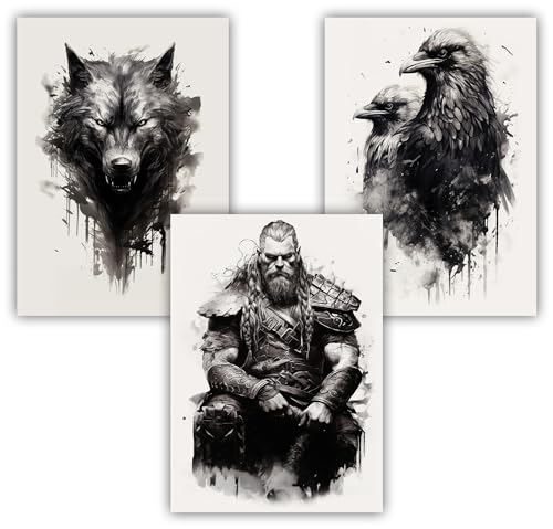 Samunshi® 3x Wikinger Kunstdruck Poster Set Jarl Raben Wolf Deko Bilder für Jugendzimmer Deko Vikings Norse Art Hugin&Munin Fenrir DIN A3 29,7x42cm von Samunshi