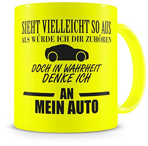 Samunshi® Auto Tasse mit Spruch Geschenk für Mann Frau Oma oder Opa Kaffeetasse groß Lustige Tassen zum Geburtstag neon gelb 300ml von Samunshi