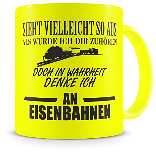 Samunshi® Eisenbahn Tasse mit Spruch Geschenk für Mann Frau Oma oder Opa Kaffeetasse groß Lustige Tassen zum Geburtstag neon gelb 300ml von Samunshi