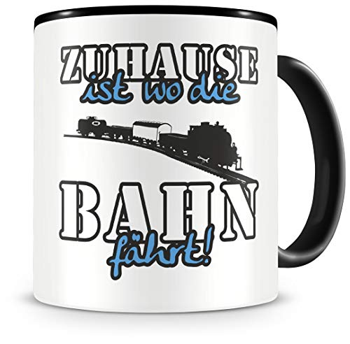 Samunshi® Eisenbahn Tasse mit Spruch Zuhause ist Bahn Geschenk für Bahn Fans Kaffeetasse groß Lustige Tassen zum Geburtstag schwarz 300ml von Samunshi
