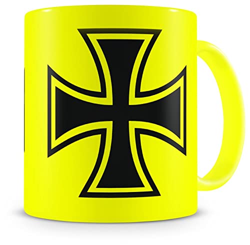 Samunshi® Eisernes Kreuz Tasse Kaffeetasse Teetasse Kaffeepott Kaffeebecher Becher H:95mm/D:82mm neon gelb von Samunshi