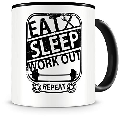 Samunshi® Fitness Tasse mit Spruch Eat Sleep Workout Repeat Geschenk Kaffeetasse groß Lustige Tassen zum Geburtstag schwarz 300ml von Samunshi