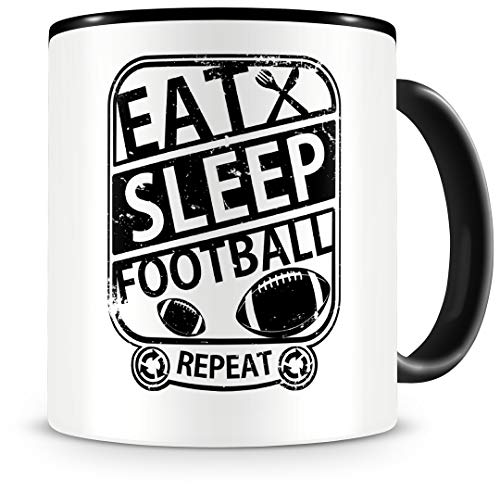 Samunshi® Football Tasse mit Spruch Eat Sleep Football Repeat Geschenk für Footballer Kaffeetasse groß Lustige Tassen zum Geburtstag schwarz 300ml von Samunshi