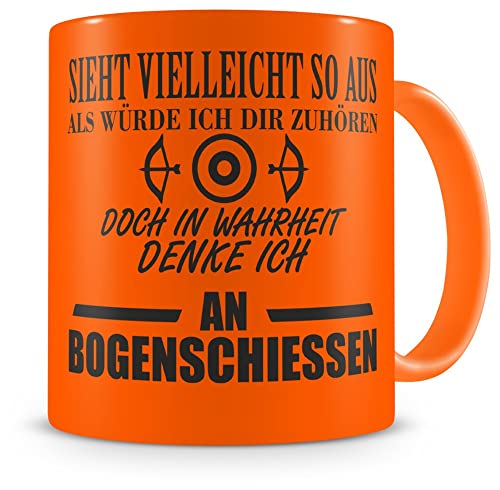 Samunshi® Ich denke an Bogenschießen Tasse Kaffeetasse Teetasse Kaffeepott Kaffeebecher Becher H:95mm/D:82mm neon orange von Samunshi