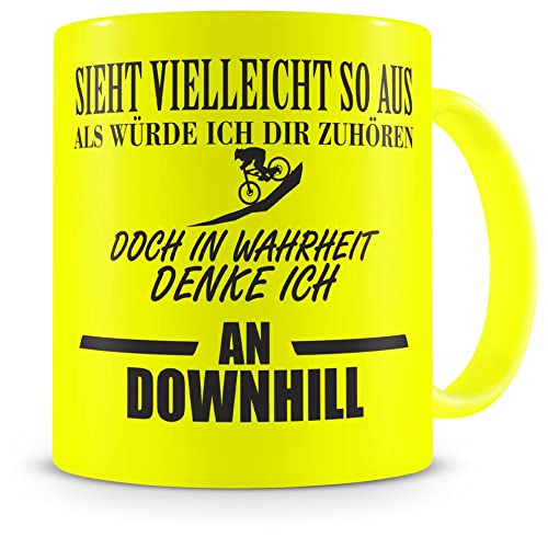 Samunshi® Ich denke an Downhill Tasse Kaffeetasse Teetasse Kaffeepott Kaffeebecher Becher H:95mm/D:82mm neon gelb von Samunshi