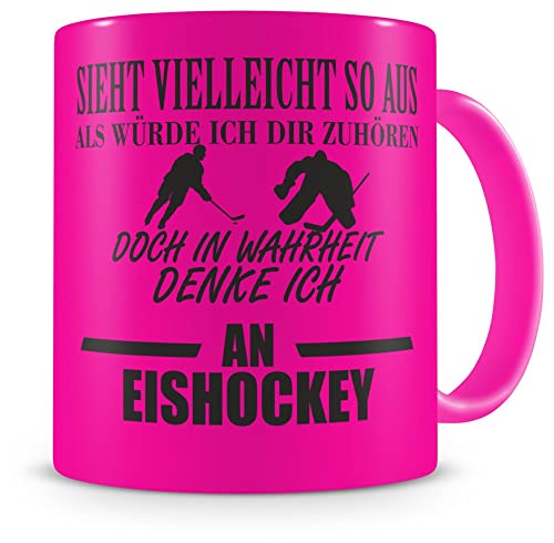 Samunshi® Ich denke an Eishockey Tasse Kaffeetasse Teetasse Kaffeepott Kaffeebecher Becher H:95mm/D:82mm neon pink von Samunshi