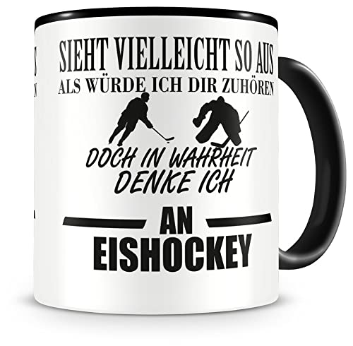 Samunshi® Ich denke an Eishockey Tasse Kaffeetasse Teetasse Kaffeepott Kaffeebecher Becher H:95mm/D:82mm schwarz von Samunshi