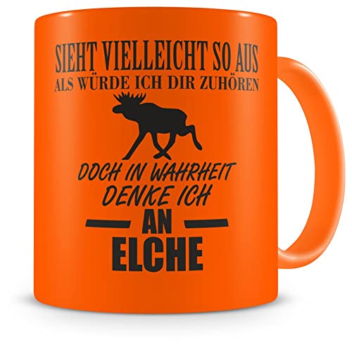 Samunshi® Ich denke an Elche Tasse Kaffeetasse Teetasse Kaffeepott Kaffeebecher Becher H:95mm/D:82mm neon orange von Samunshi