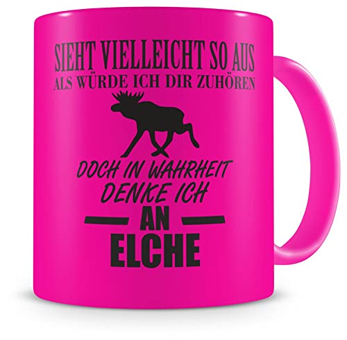 Samunshi® Ich denke an Elche Tasse Kaffeetasse Teetasse Kaffeepott Kaffeebecher Becher H:95mm/D:82mm neon pink von Samunshi