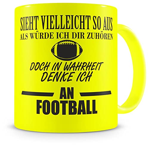 Samunshi® Ich denke an Football Tasse Kaffeetasse Teetasse Kaffeepott Kaffeebecher Becher H:95mm/D:82mm neon gelb von Samunshi