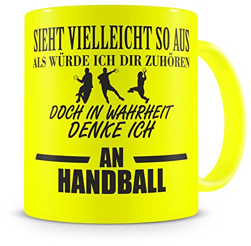 Samunshi® Ich denke an Handball Tasse Kaffeetasse Teetasse Kaffeepott Kaffeebecher Becher H:95mm/D:82mm neon gelb von Samunshi