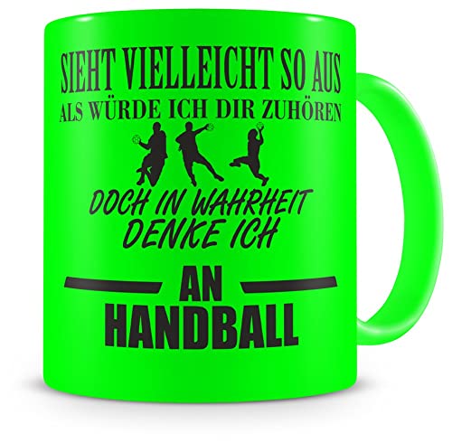 Samunshi® Ich denke an Handball Tasse Kaffeetasse Teetasse Kaffeepott Kaffeebecher Becher H:95mm/D:82mm neon grün von Samunshi