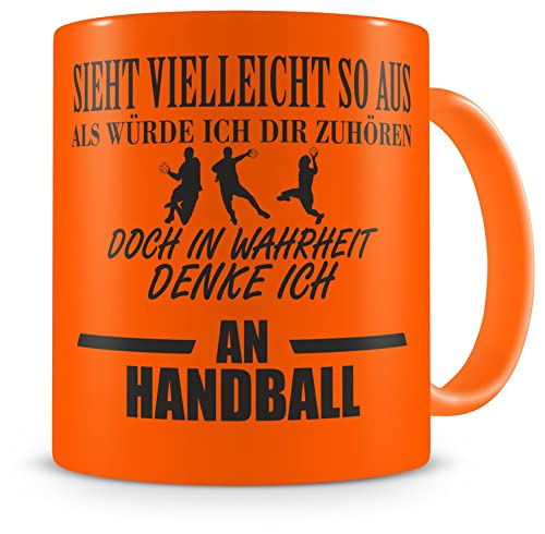 Samunshi® Ich denke an Handball Tasse Kaffeetasse Teetasse Kaffeepott Kaffeebecher Becher H:95mm/D:82mm neon orange von Samunshi