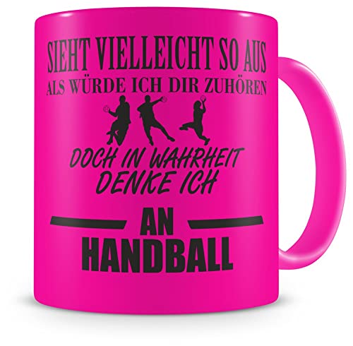 Samunshi® Ich denke an Handball Tasse Kaffeetasse Teetasse Kaffeepott Kaffeebecher Becher H:95mm/D:82mm neon pink von Samunshi